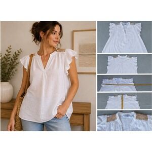 Studio Park Linen Blouse Womens Large White Crochet Flutter Sleeve Boho Chic
